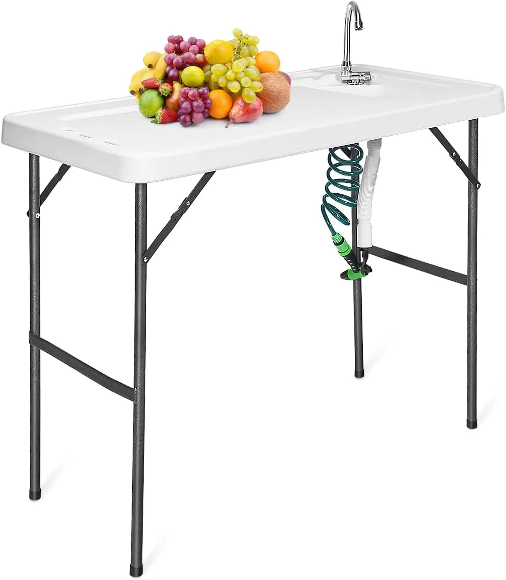 Fish Cleaning Table with Sink, Portable Camping Table w/Flexible Faucet & Sprayer, Drainage Hose Hook Up, Outdoor Fish Cleaning Station for Garden, Backyard, Kitchen (with Sprayer)