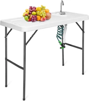 Fish Cleaning Table with Sink, Portable Camping Table w/Flexible Faucet & Sprayer, Drainage Hose Hook Up, Outdoor Fish Cleaning Station for Garden, Backyard, Kitchen (with Sprayer)
