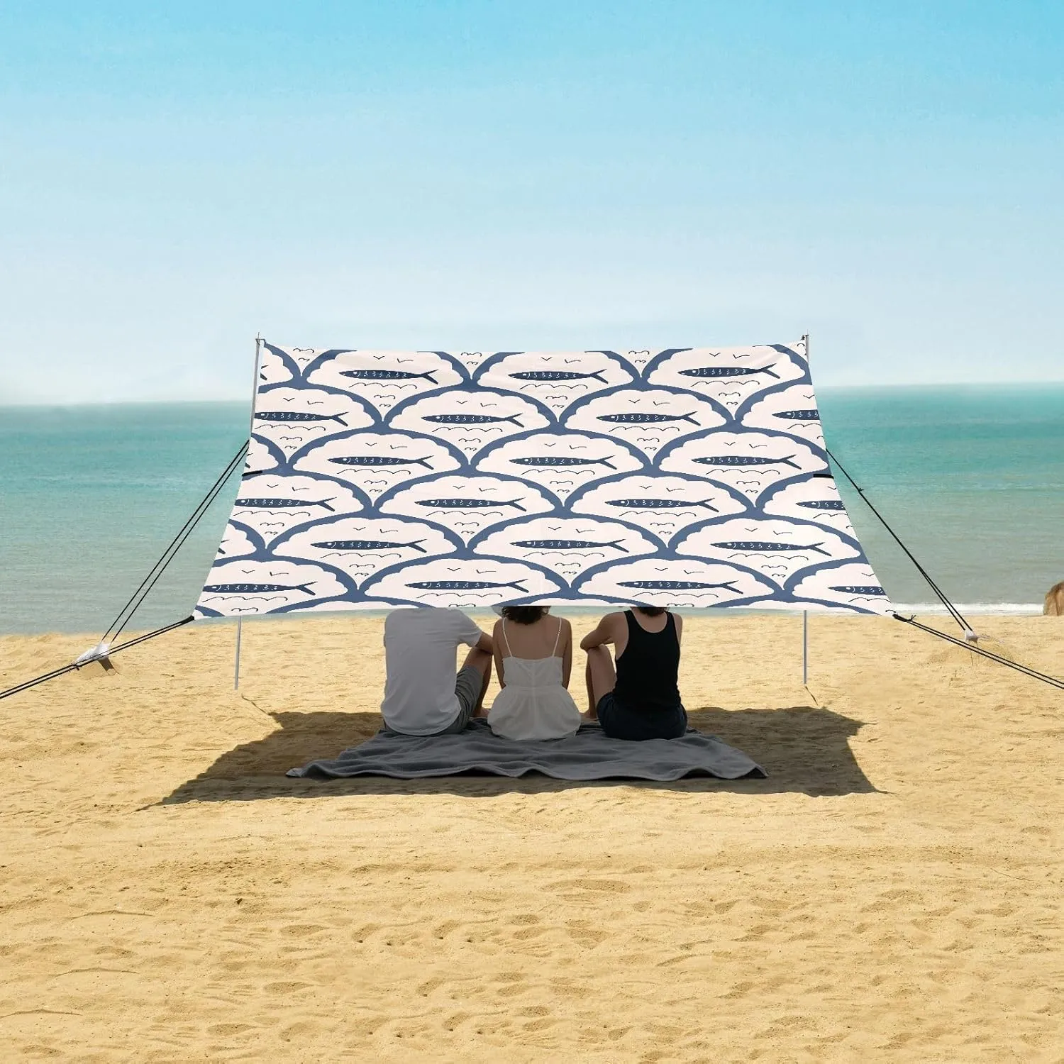 Fish Scallop Seamless Pattern Beach Canopy Tent Anti-UV & Wind Resistant, Trendy Camping Sun Shelter Easy Setup Portable,Outdoor Shade Tents with Sandbags,Sand Shovels,Ground Pegs & Stability P