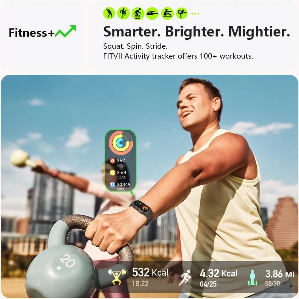 FITVII Ole Fitness Tracker with 24/7 Heart Rate and Blood Pressure Monitor, Blood Oxygen Sleep Tracking Step Calories Counter IP68 Waterproof Activity Tracker for Women Men