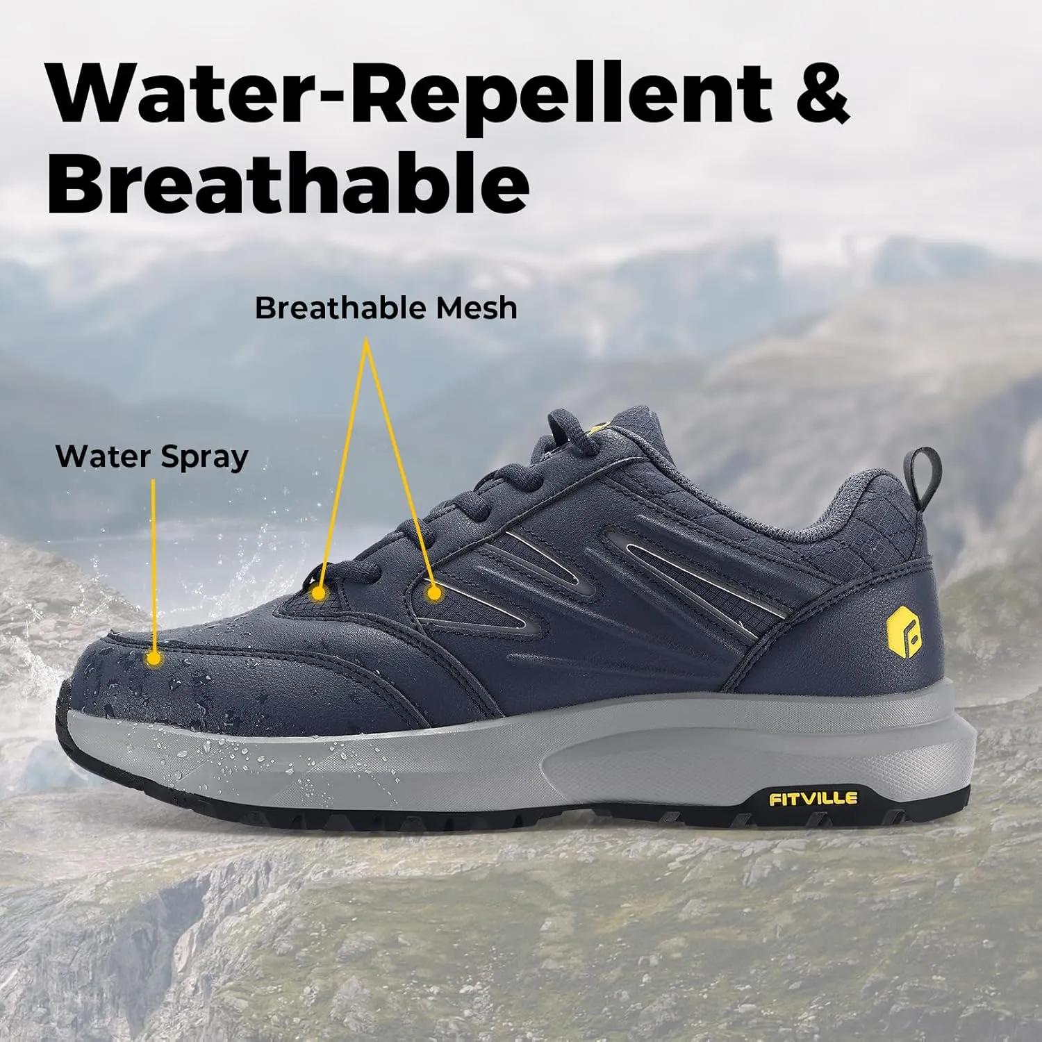 FitVille Mens Wide Hiking Shoes Water Repellent Outdoor Work Shoes Trekking Trails Sneakers with Arch Support - Sturdy Core