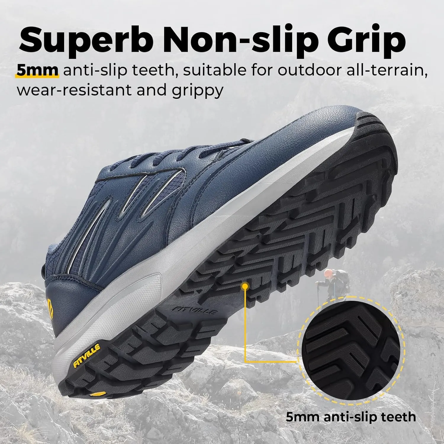 FitVille Mens Wide Hiking Shoes Water Repellent Outdoor Work Shoes Trekking Trails Sneakers with Arch Support - Sturdy Core