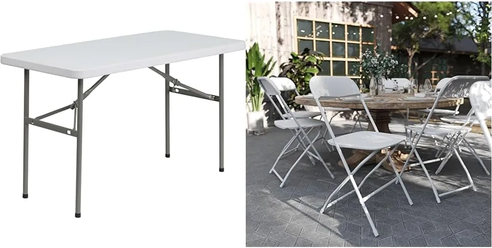 Flash Furniture Elon 4-Foot Granite White Plastic Folding Table & Hercules Series Plastic Folding Chairs for Parties and Weddings, Stackable Commercia