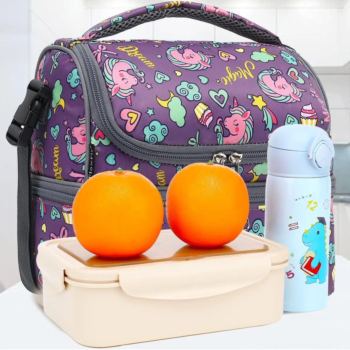 FlowFly Double Decker Cooler Insulated Lunch Bag Large Tote for Boys, Girls, Men, Women, With Adjustable Strap (Purple-Unicorn)