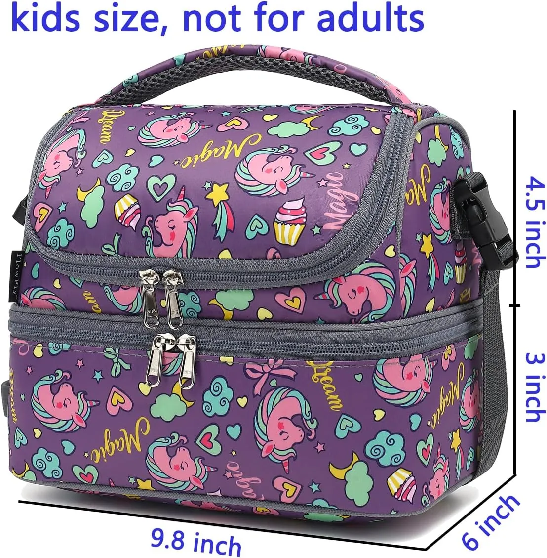 FlowFly Double Decker Cooler Insulated Lunch Bag Large Tote for Boys, Girls, Men, Women, With Adjustable Strap (Purple-Unicorn)