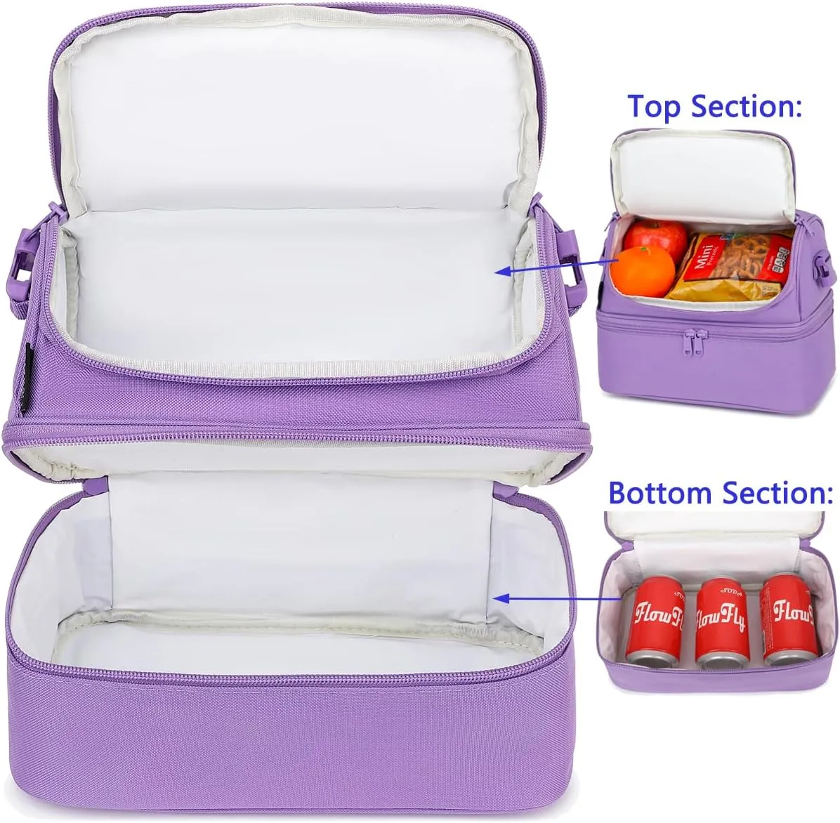 FlowFly Double Decker Cooler Insulated Lunch Bag Large Tote for Boys, Girls, Men, Women, with Adjustable Strap,Purple