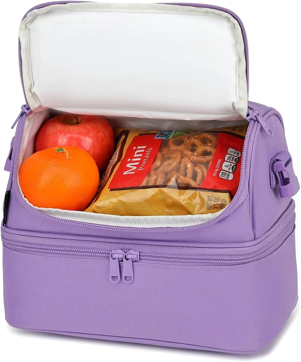 FlowFly Double Decker Cooler Insulated Lunch Bag Large Tote for Boys, Girls, Men, Women, with Adjustable Strap,Purple