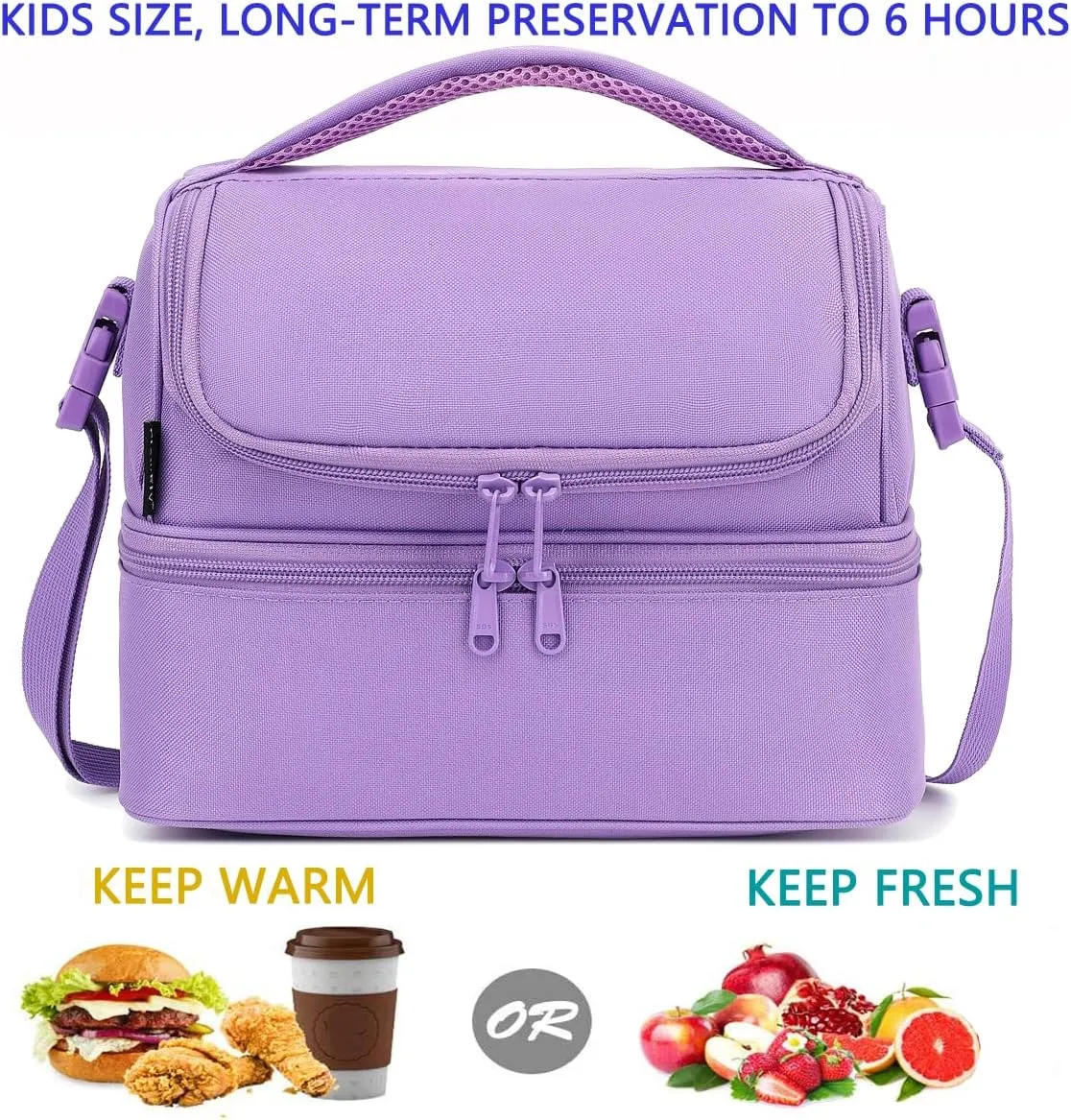FlowFly Double Decker Cooler Insulated Lunch Bag Large Tote for Boys, Girls, Men, Women, with Adjustable Strap,Purple