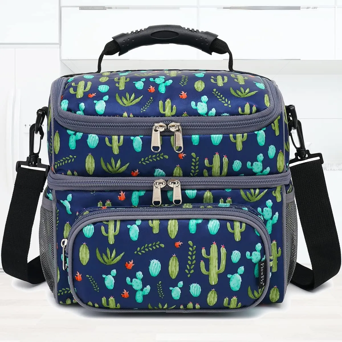 FlowFly Double Layer Cooler Insulated Lunch Bag Adult Lunch Box Large Tote Bag for Men, Women, With Adjustable Strap,Front Pocket and Dual Large Mesh Side Pockets