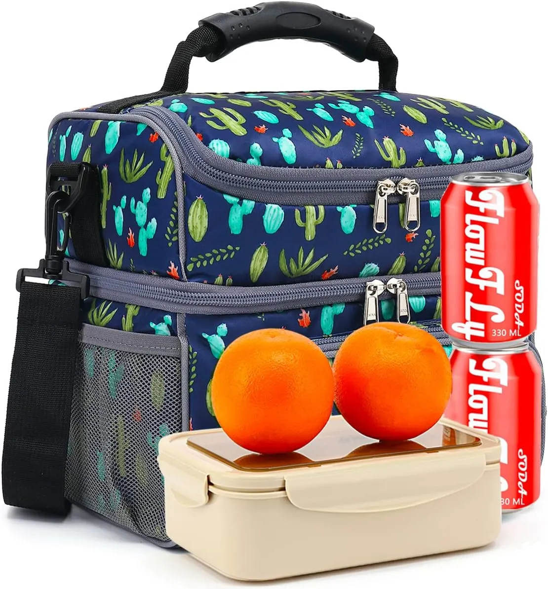 FlowFly Double Layer Cooler Insulated Lunch Bag Adult Lunch Box Large Tote Bag for Men, Women, With Adjustable Strap,Front Pocket and Dual Large Mesh Side Pockets