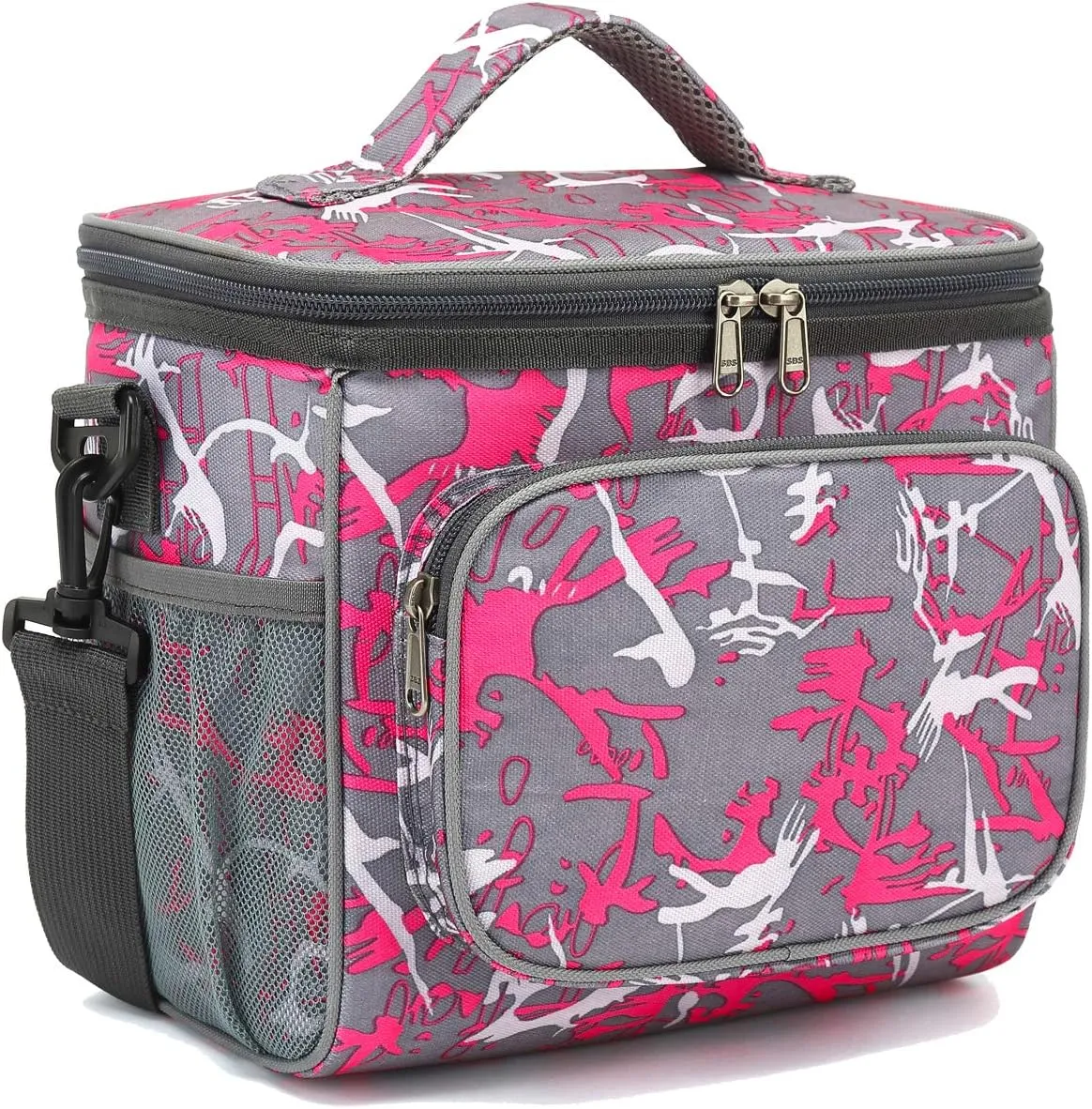 FlowFly Insulated Reusable Lunch Bag Adult Large Lunch Box for Women and Men with Adjustable Shoulder Strap,Front Zipper Pocket and Dual Large Mesh Side Pockets,Graffiti