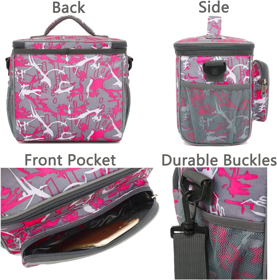 FlowFly Insulated Reusable Lunch Bag Adult Large Lunch Box for Women and Men with Adjustable Shoulder Strap,Front Zipper Pocket and Dual Large Mesh Side Pockets,Graffiti
