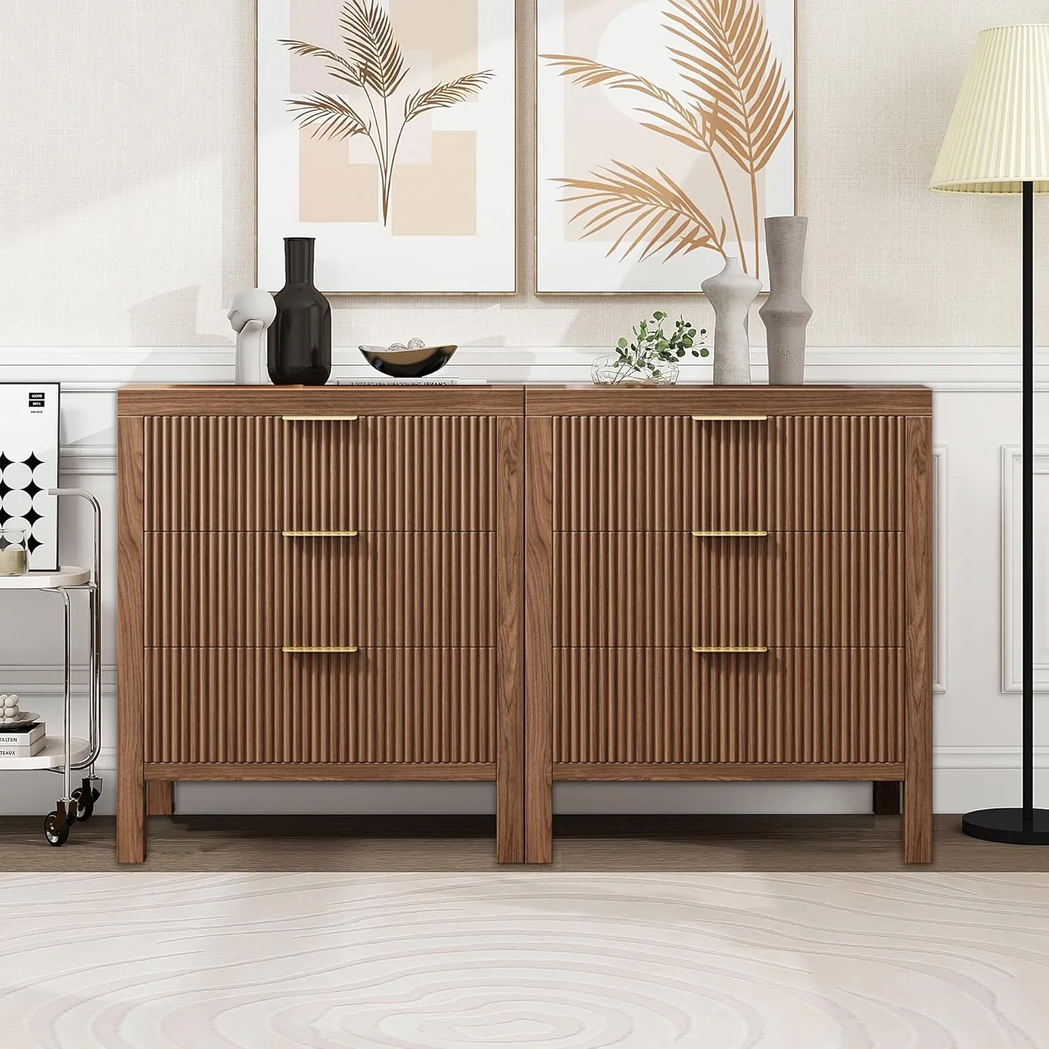 Fluted Nightstands Set of 2, Wooden Farmhouse Night Stands with 6 Drawer Bedside Table - Boho Tall End Table Accent Table for Bedroom, Living Room, Walnut