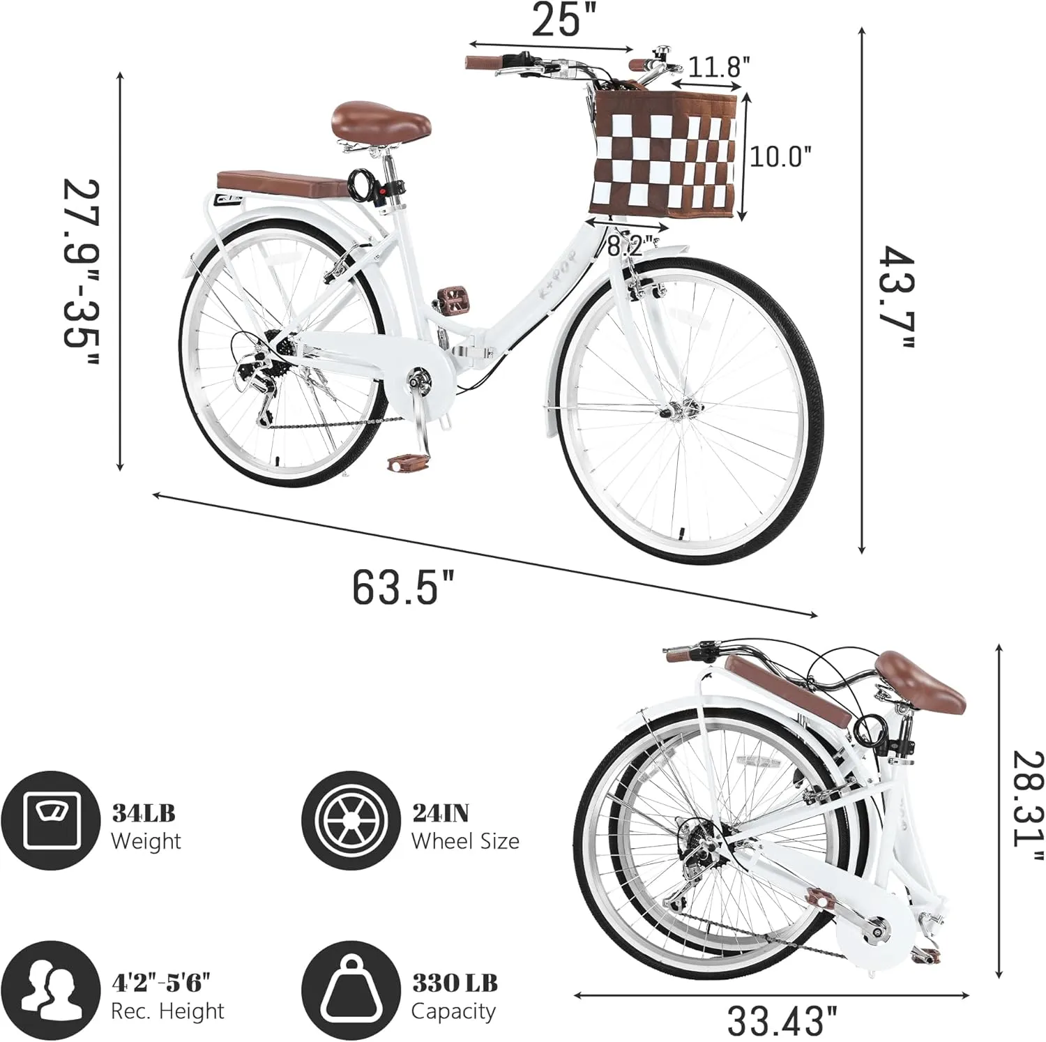 Foldable Beach Cruiser Bike for Women, 24/26 Inch Bikes for Women, 7 Speed Commute Bike with Basket Adult Womens Bicycles Folding Cruiser Bikes, City Commuting's Bicycle, Dual V-Brake