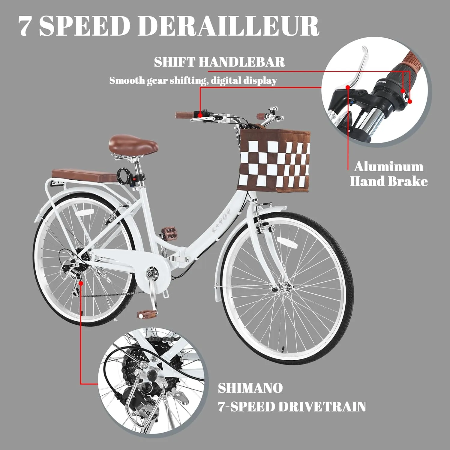Foldable Beach Cruiser Bike for Women, 24/26 Inch Bikes for Women, 7 Speed Commute Bike with Basket Adult Womens Bicycles Folding Cruiser Bikes, City Commuting's Bicycle, Dual V-Brake