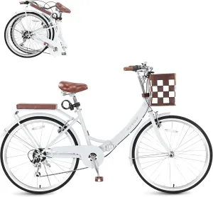 Foldable Beach Cruiser Bike for Women, 24/26 Inch Bikes for Women, 7 Speed Commute Bike with Basket Adult Womens Bicycles Folding Cruiser Bikes, City Commuting's Bicycle, Dual V-Brake