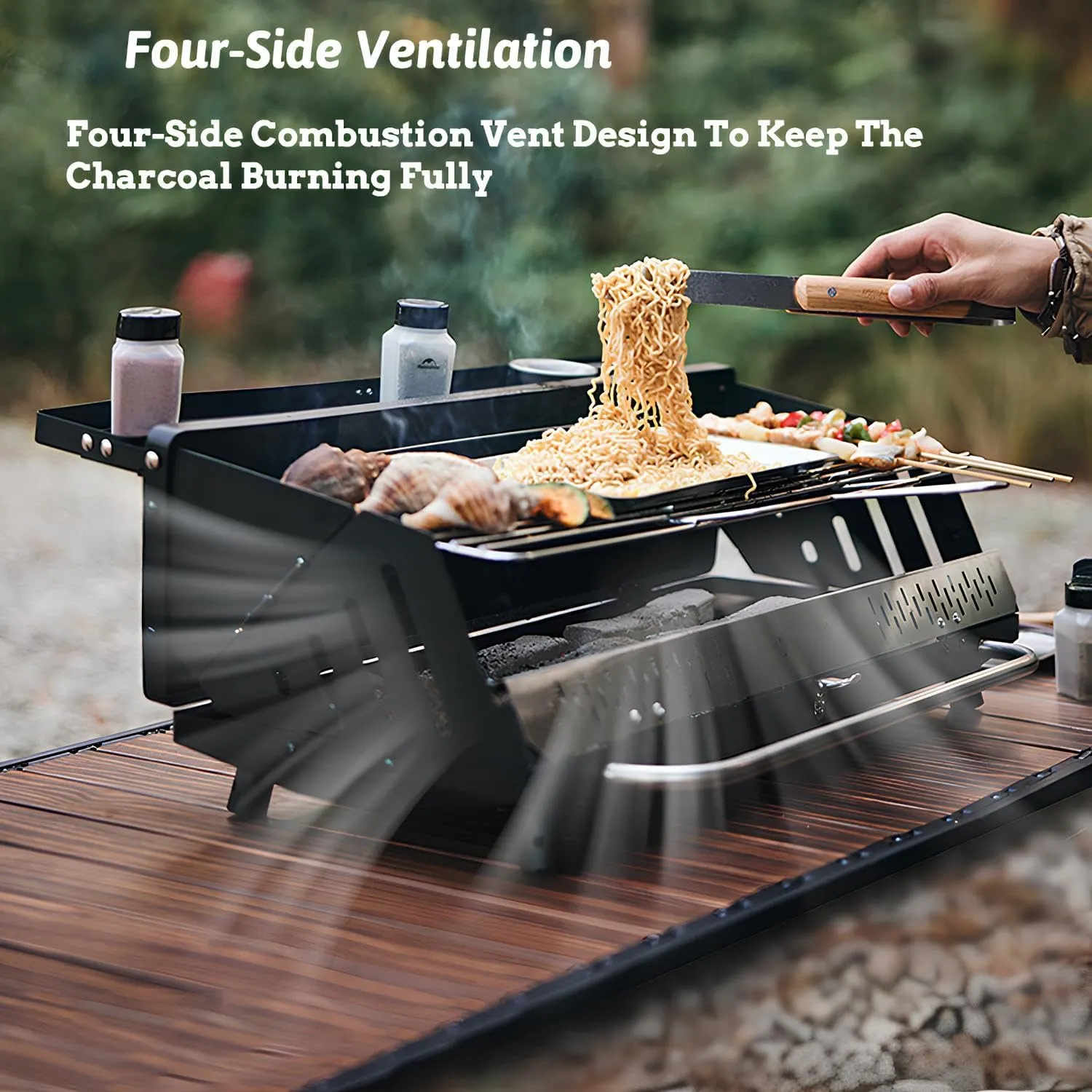Foldable Charcoal BBQ Grill with Removable Legs, Portable Charcoal Grill, Tabletop Charcoal Barbecue Grill with Barbecue Clips/Storage Bag for Outdoor Camping Charcoal BBQ(Black)