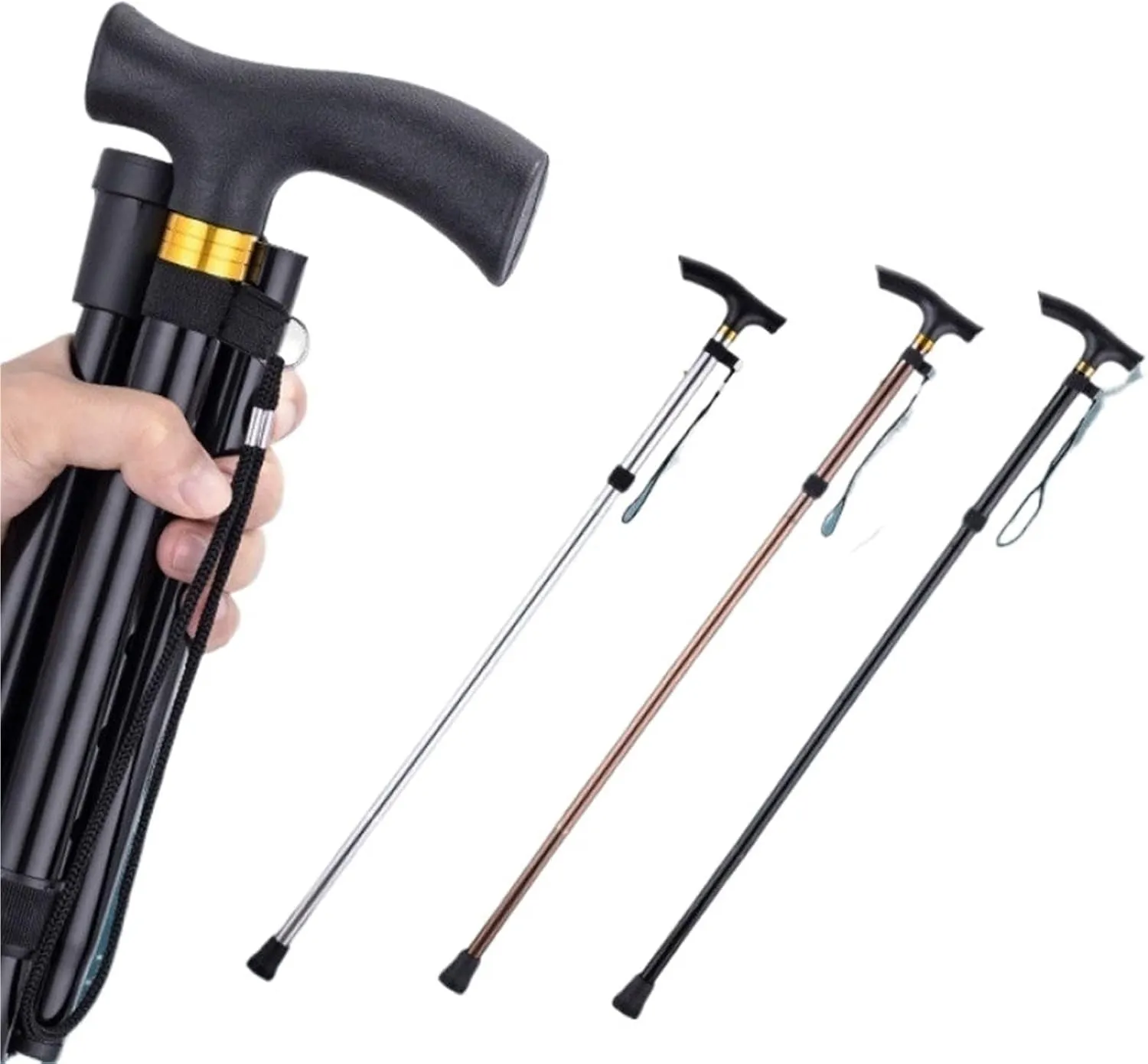 Foldable, Portable, Carry-on Crutches, Multifunctional Telescopic Canes, Anti-Slip Sticks for The Elderly, Aluminum Alloy Trekking Sticks(Black)