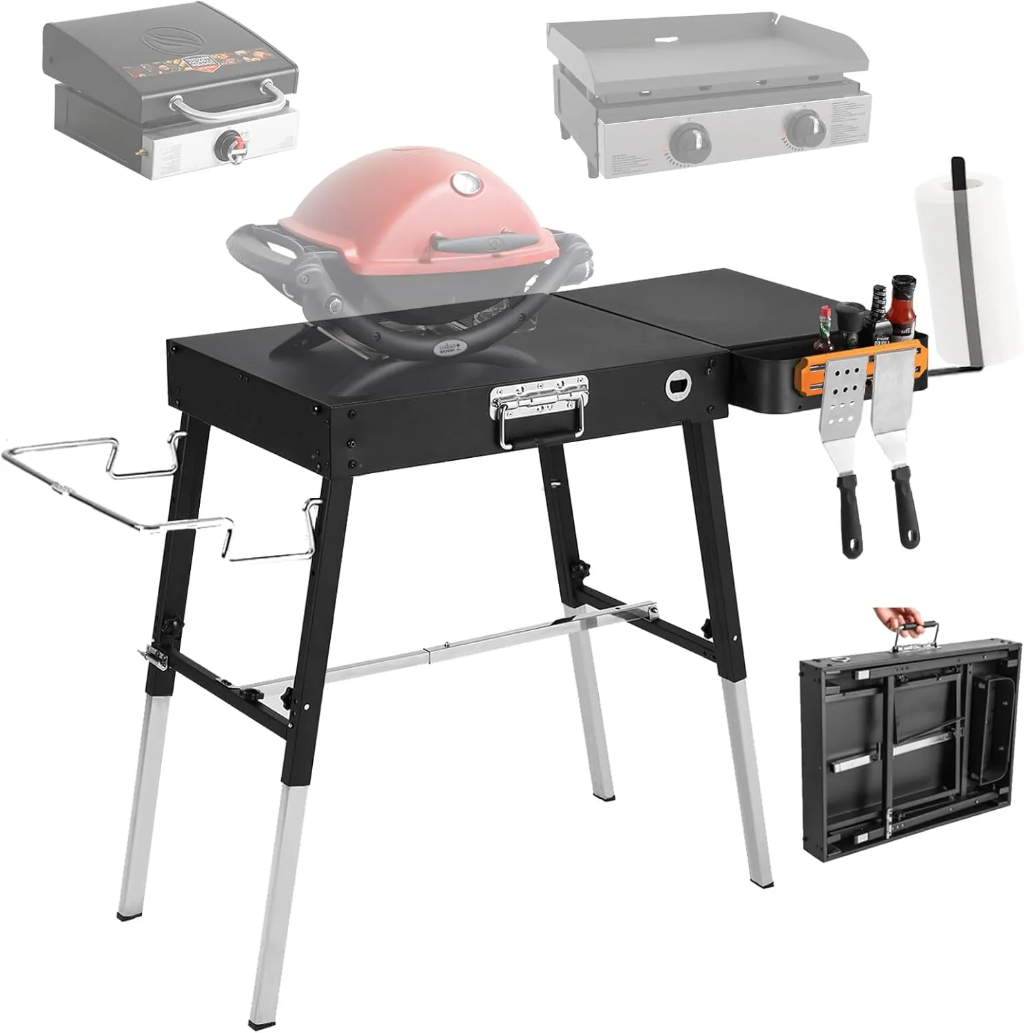 Foldable Portable Grill Table Fits 17" Or 22" Blackstone Griddle Stand, Ninja Grill Stand: Adjustable Leg with Trash Holder Perfect Blackstone Stand Accessories for Outdoor Cooking Camping