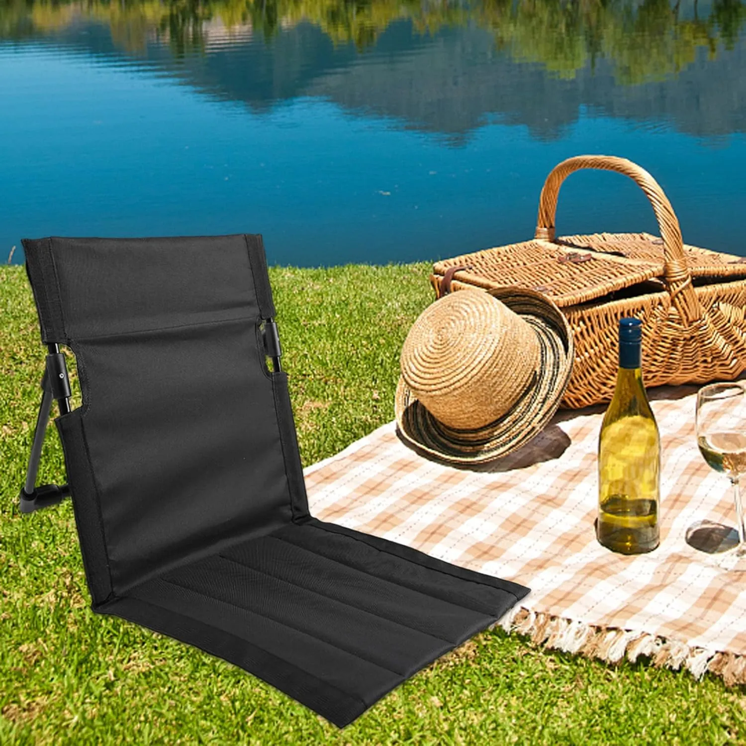 Folding Beach Chair Breathable Stable Portable Beach Chair With Sponge Filling & Mesh Pocket Lightweight Soft Sturdy Folding Floor Chair for Fishing, Barbecues, Hiking, (Black), Folding Beach Chair