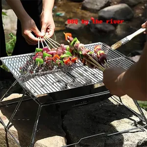 Folding Campfire Grill, Portable Grate with Carry Bag, Camping Fire Pit, 304 Stainless Steel Grill Gate, Lightweight Stable Space-Saving, for Camping Hiking BBQ Patio Backyard Beach