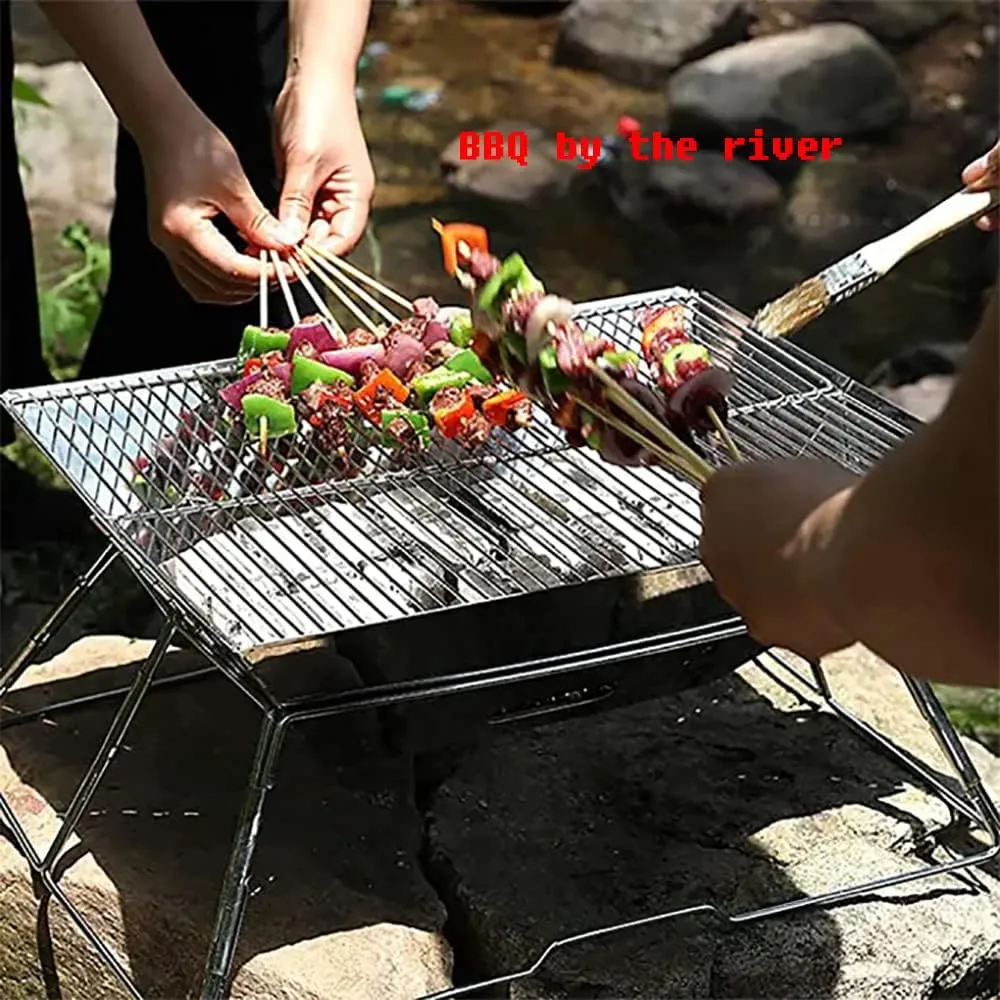 Folding Campfire Grill, Portable Grate with Carry Bag, Camping Fire Pit, 304 Stainless Steel Grill Gate, Lightweight Stable Space-Saving, for Camping Hiking BBQ Patio Backyard Beach