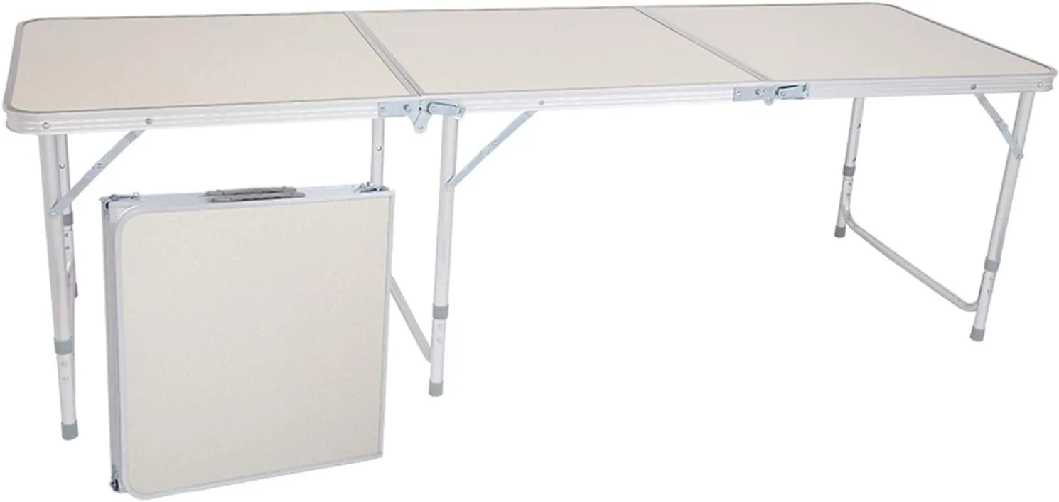 Folding Camping Table 6ft, Portable Lightweight Tri-fold Outdoor Table with Adjustable Heights Aluminum Legs, Compact for Picnic BBQ, White