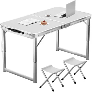 Folding Camping Table and Chairs, Camp Table Adjustable 3 Heights with Aluminum Legs, Camping Accessories for Home Picnic BBQ (Color : White 2 Chairs, Size : 100cm/39.3in)