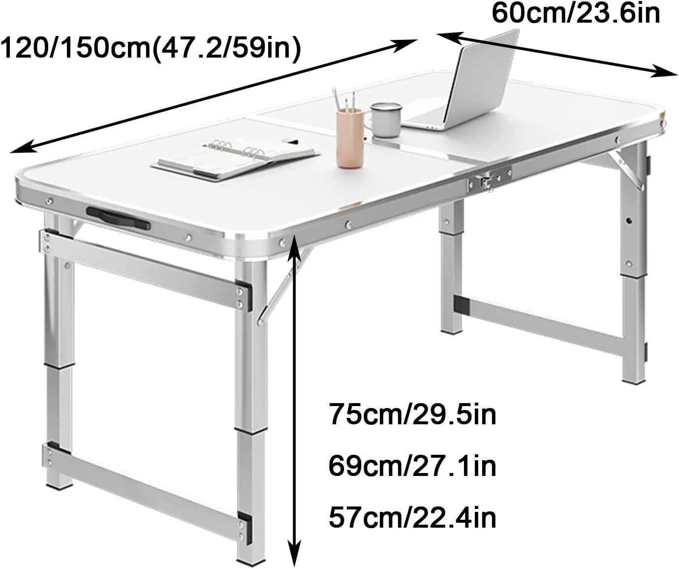 Folding Camping Table Portable Adjustable Height Aluminum Folding Beach Table for Indoor Outdoor Picnic Backyard(Gray,120 * 60cm)