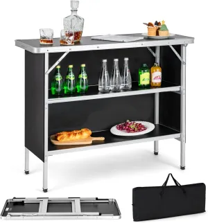 Folding Camping Table, Portable Pop-Up Patio Bar Table w/ 2-Tier Storage Shelves, Carrying Bag, Removable Cover, Aluminum Folding Picnic Table for Outdoor Picnic, BBQ, Party, Travel (Black)