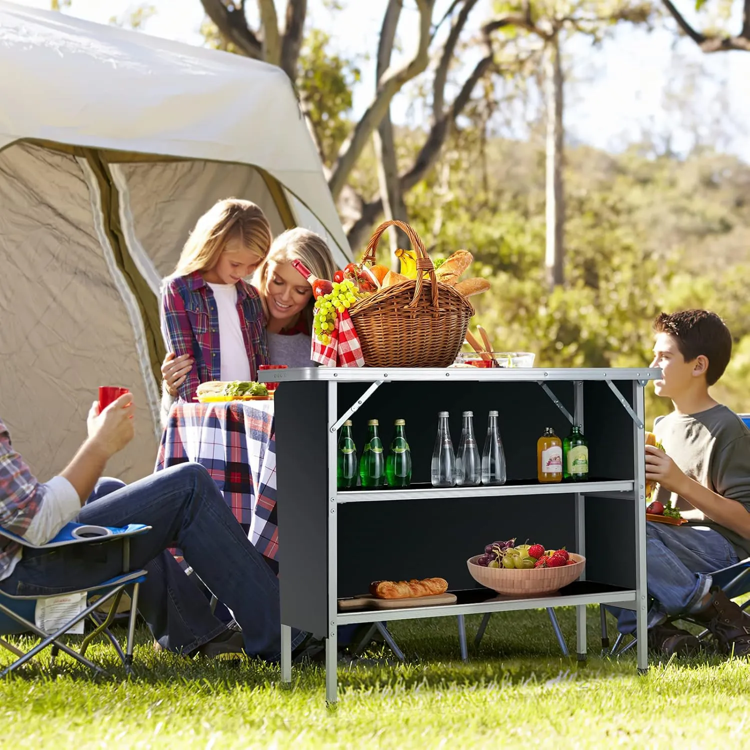 Folding Camping Table, Portable Pop-Up Patio Bar Table w/ 2-Tier Storage Shelves, Carrying Bag, Removable Cover, Aluminum Folding Picnic Table for Outdoor Picnic, BBQ, Party, Travel (Black)