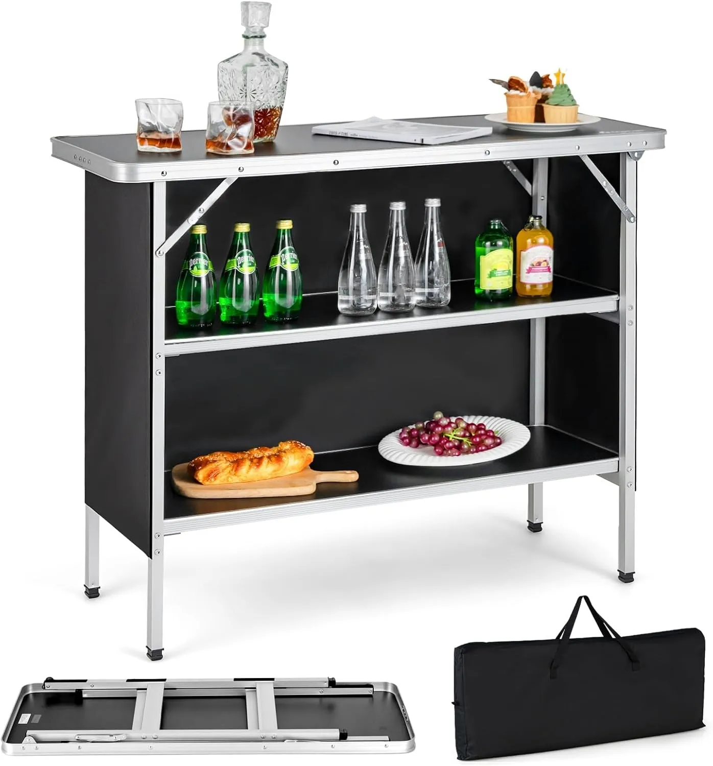 Folding Camping Table, Portable Pop-Up Patio Bar Table w/ 2-Tier Storage Shelves, Carrying Bag, Removable Cover, Aluminum Folding Picnic Table for Outdoor Picnic, BBQ, Party, Travel (Black)