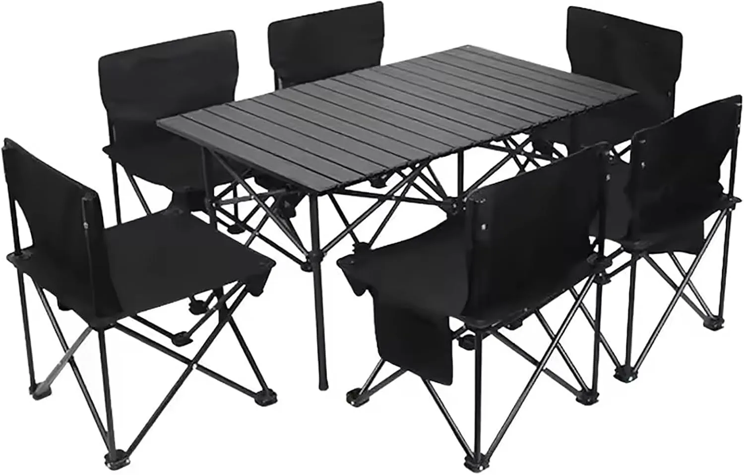 Folding Camping Table, Portable Roll Up Design for Compact Storage, Picnic Table with 6 Camp Chairs, Ideal for 4-6 Person in Garden Outdoor BBQ Backyard,Black