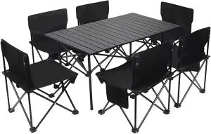 Folding Camping Table, Portable Roll Up Design for Compact Storage, Picnic Table with 6 Camp Chairs, Ideal for 4-6 Person in Garden Outdoor BBQ Backyard,Black
