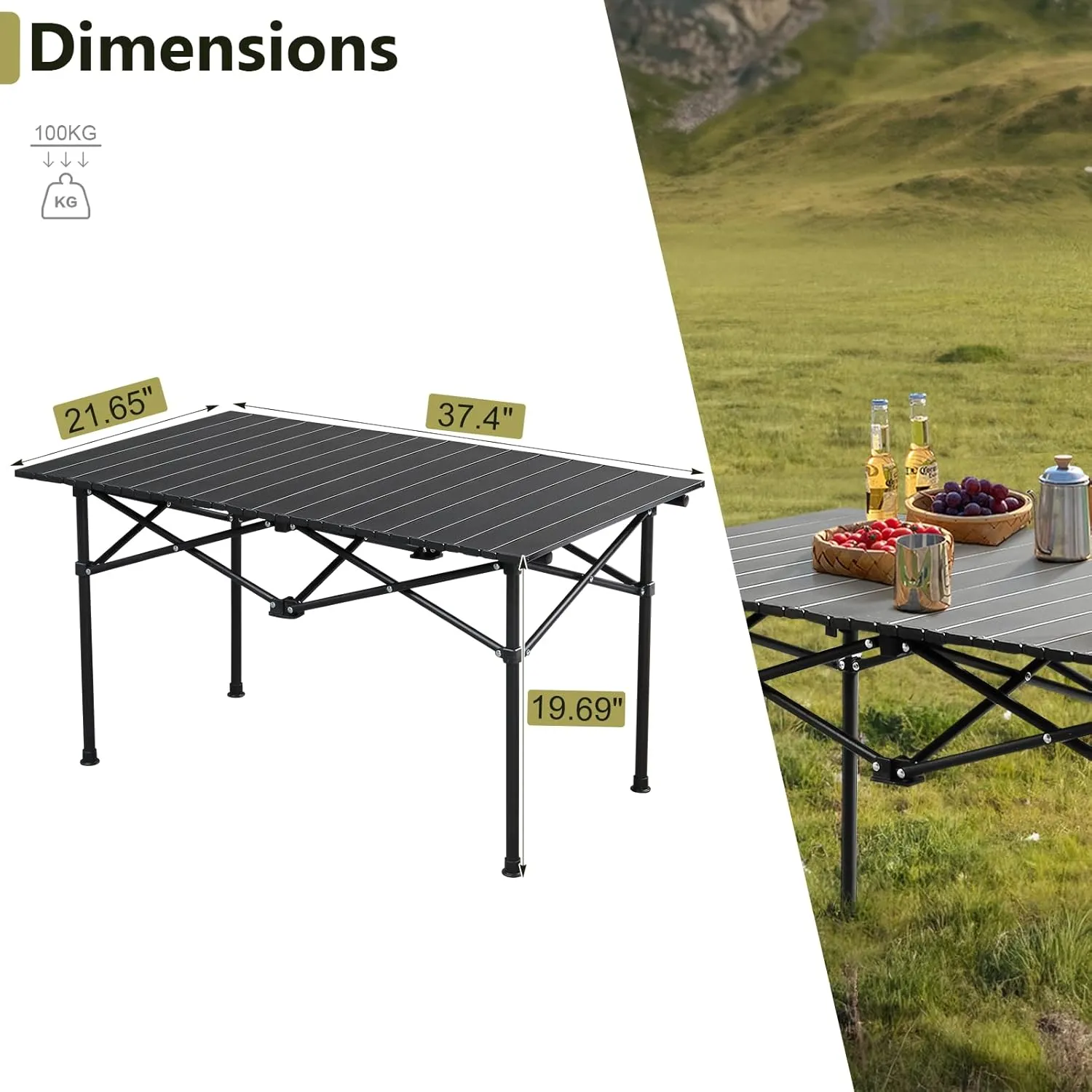 Folding Camping Table, Roll Up Beach Tables for Sand Foldable for 2-6 Persons, Small Card Desk Lightweight with Carry Bag, Portable Picnic Desks for Outdoors, Easy to Set Up , 37.4 x 21.7 x 20 inch