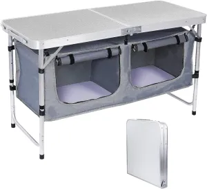 Folding Camping Table with Storage Portable Adjustable Lightweight for Indoor and Outdoor Picnic Beach Hiking Travel White Rectangular MDF Powder Coated
