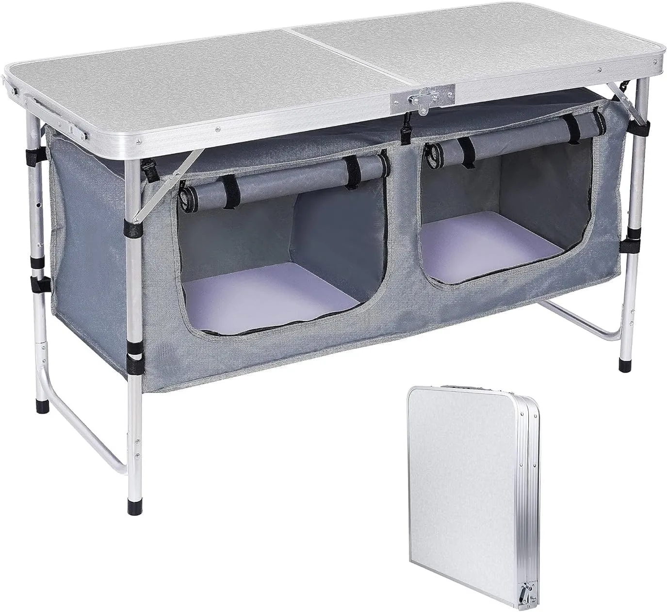 Folding Camping Table with Storage Portable Adjustable Lightweight for Indoor and Outdoor Picnic Beach Hiking Travel White Rectangular MDF Powder Coated