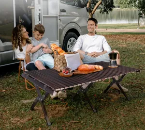 Folding Picnic Table, Portable 4ft Roll Up Camping Table with Storage Bag, for 4-6 People, Low Height Foldable Bamboo Bench Table, for Indoor & Outdoor Party, BBQ and Hiking, Dark Brown