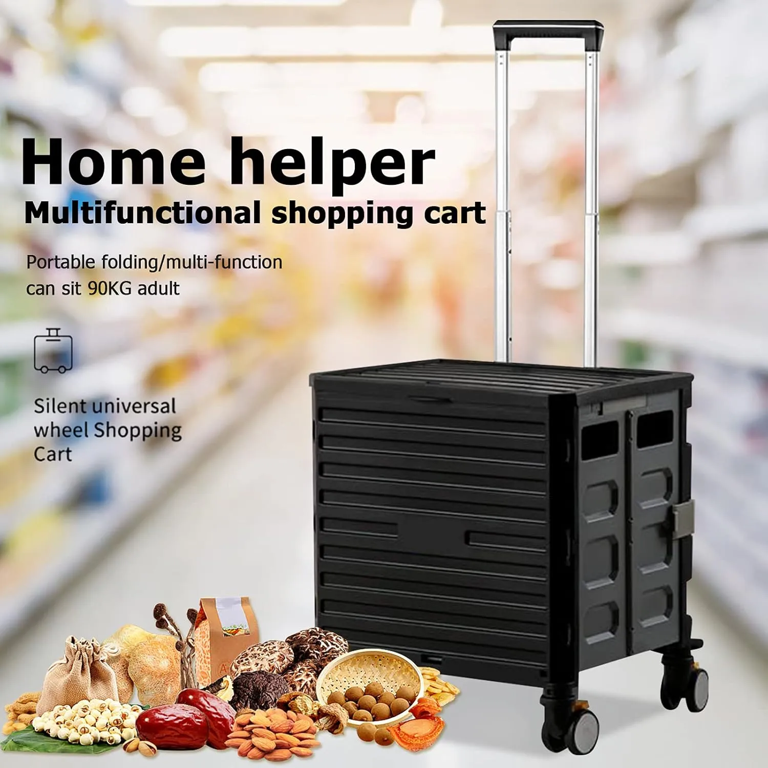 Folding Supermarket Shopping Trolley, Grocery Shopping Cart, with 4 Universal Wheels, Wear-Resistant-Noiseless-360°Rotatey, for Women or Men Travel Home Kitchen