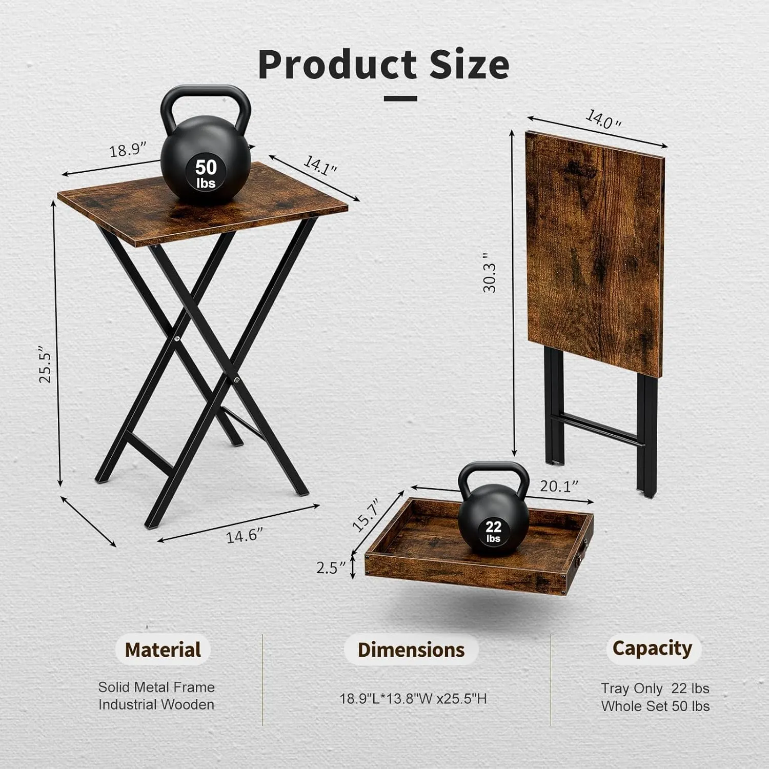 Folding TV Tray Tables, Set of 2 Side Table for Small Place, Snack Eating Tables at Couch, Folding Tables with Removable Serving Tray, Rustic Brown