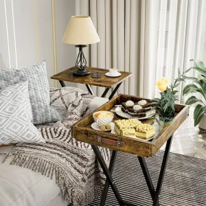 Folding TV Tray Tables, Set of 2 Side Table for Small Place, Snack Eating Tables at Couch, Folding Tables with Removable Serving Tray, Rustic Brown
