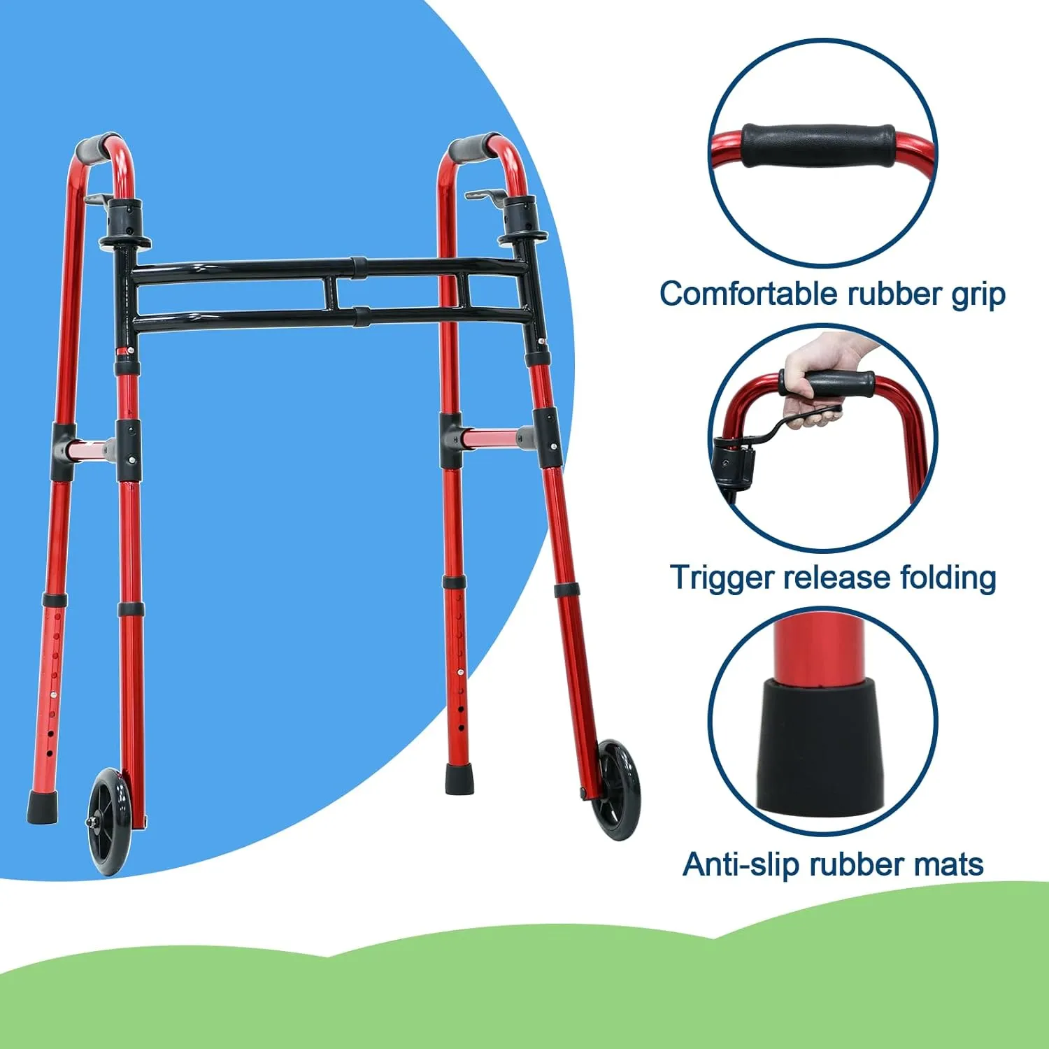 Folding Walkers for Seniors Lightweight Walker with 5'' Front Wheel Height and Width Adjustable Aluminum Standard Walker for Elderly Handicap (Red)