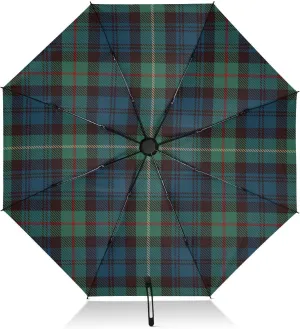 FRODOTGV Blue Green Plaid Tartan Travel Umbrella - Compact for Rain and Sun, Large Inverted Windproof 8 Ribs Portable UV Automatic Umbrella for Women and Men