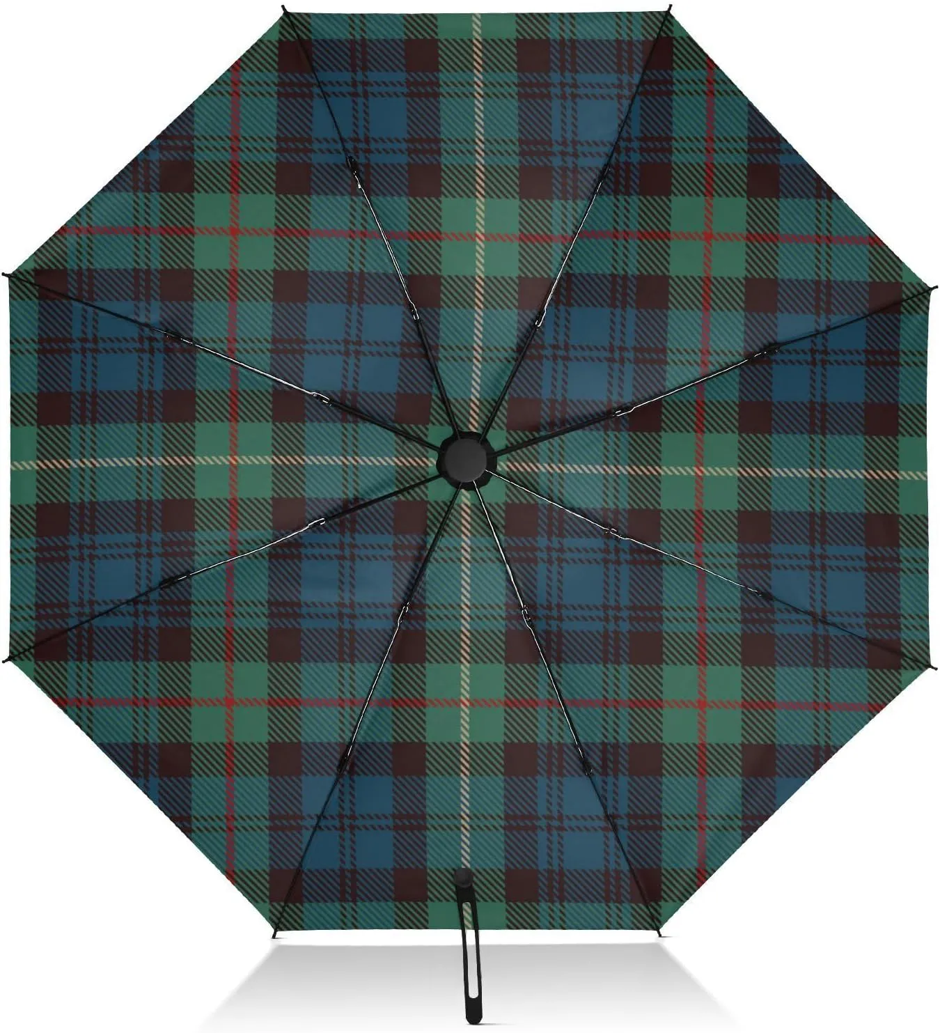 FRODOTGV Blue Green Plaid Tartan Travel Umbrella - Compact for Rain and Sun, Large Inverted Windproof 8 Ribs Portable UV Automatic Umbrella for Women and Men