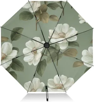 FRODOTGV Chic Gardenia Sage Green Travel Umbrella Windproof Inverted Compact Umbrella for Rain Sun 8 Ribs Large Folding UV Umbrella Automatic for Women Men