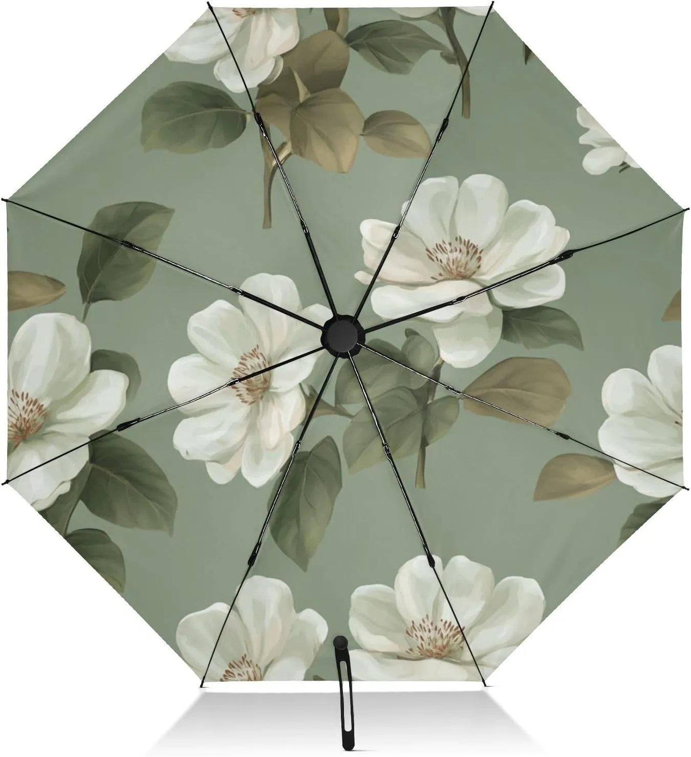 FRODOTGV Chic Gardenia Sage Green Travel Umbrella Windproof Inverted Compact Umbrella for Rain Sun 8 Ribs Large Folding UV Umbrella Automatic for Women Men