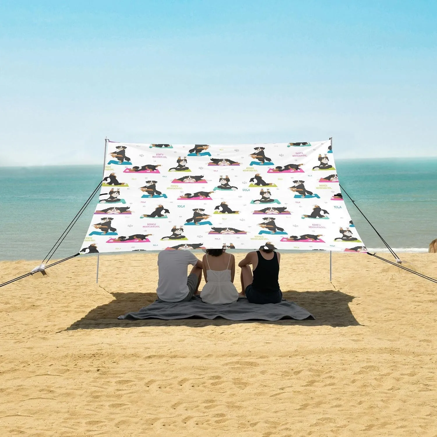 Funny Yoga Dogs Poses Beach Canopy Tent Anti-UV & Wind Resistant, Berneses Mountain Dog Camping Sun Shelter Easy Setup Portable,Outdoor Shade Tents with Sandbags,Sand Shovels,Ground Pegs & Stabi