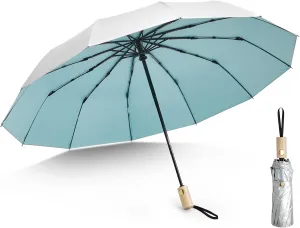 G4Free 46 Inch UPF 50  UV Protection Large Travel Umbrella with Wooden Handle, 12 Fibreglass Ribs Super Windproof Sun Blocking Folding Umbrella Auto Open Close