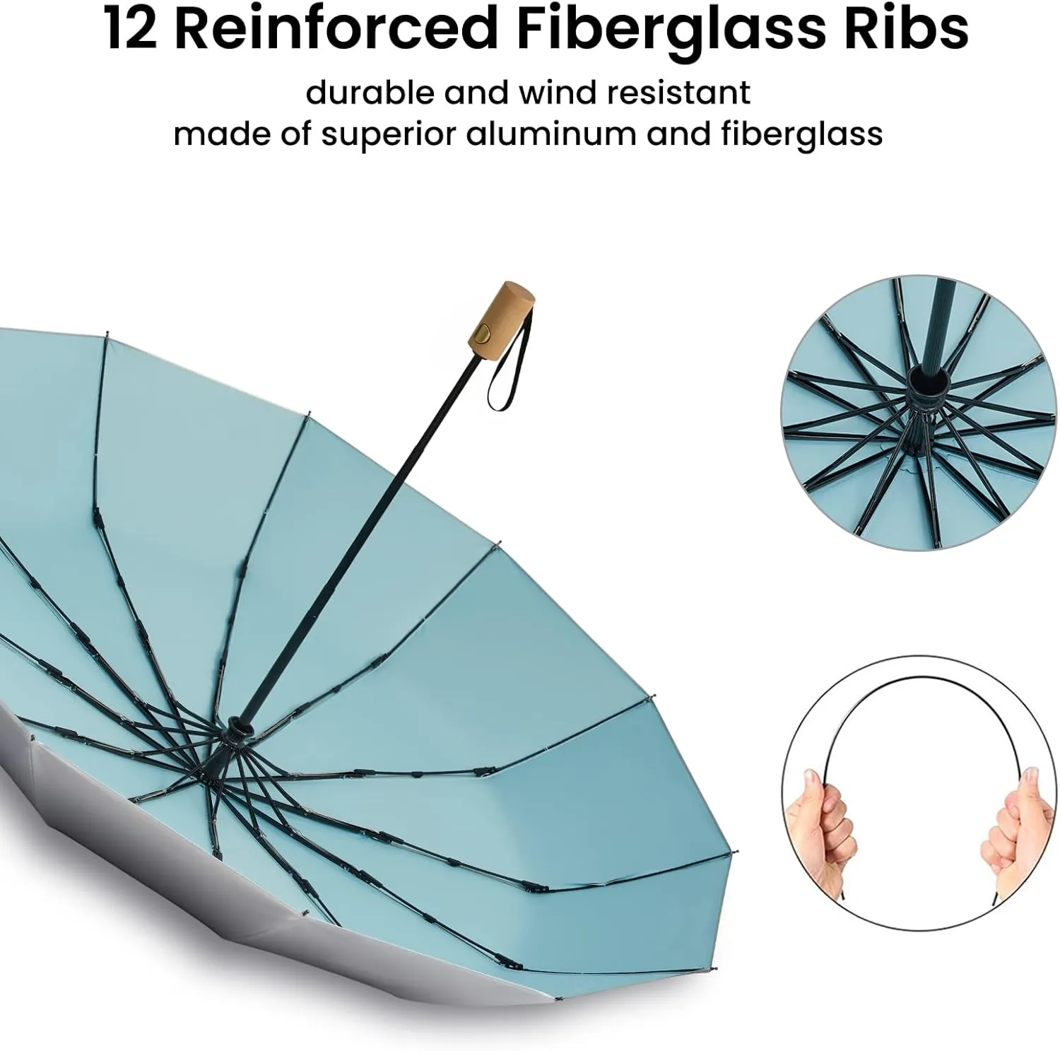 G4Free 46 Inch UPF 50  UV Protection Large Travel Umbrella with Wooden Handle, 12 Fibreglass Ribs Super Windproof Sun Blocking Folding Umbrella Auto Open Close