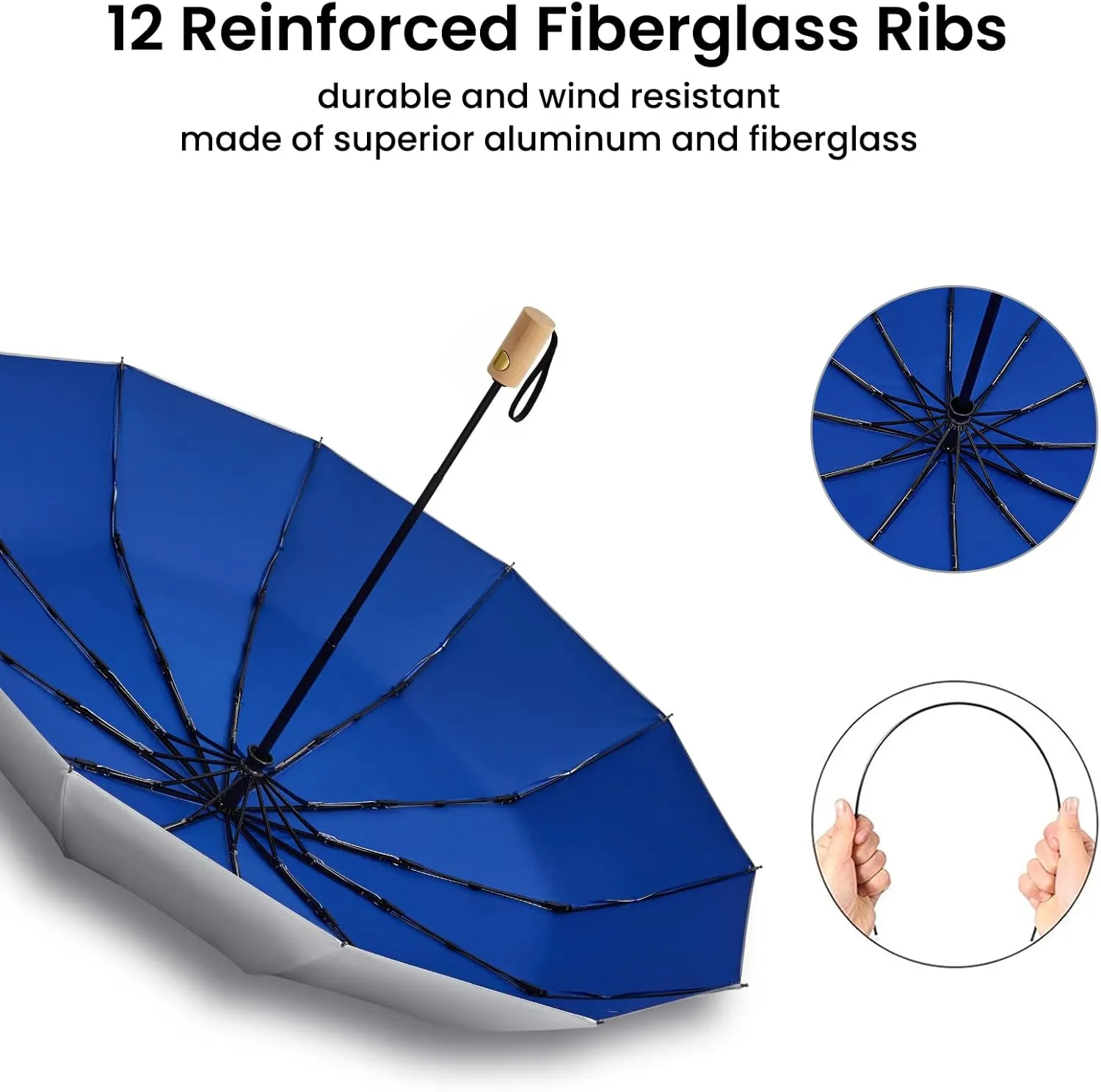G4Free 46 Inch UPF 50  UV Protection Large Travel Umbrella with Wooden Handle, 12 Fibreglass Ribs Super Windproof Sun Blocking Folding Umbrella Auto Open Close